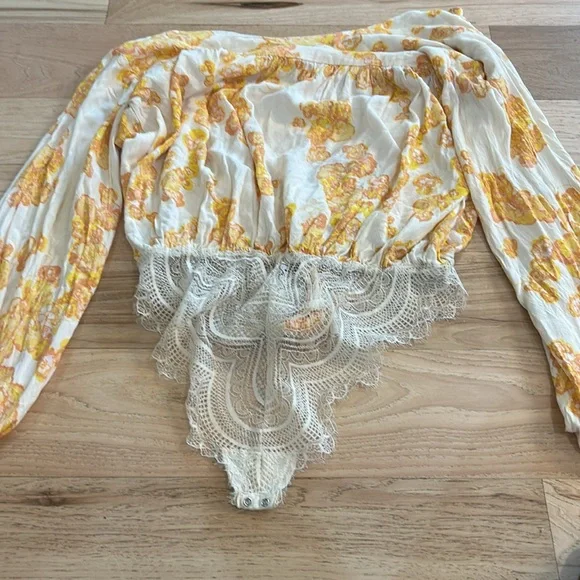 Free People Cream and Yellow Floral Lace-Trim Bodysuit - Picture 4 of 4